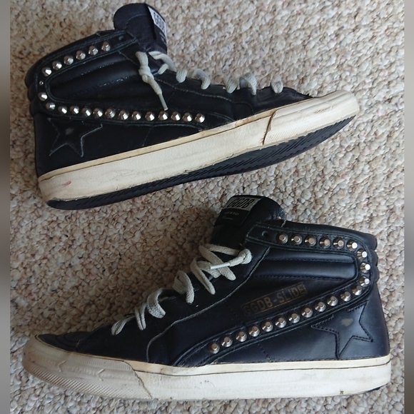 Golden Goose Slide Mid-Top Leather Stud Sneakers in Black size 38 - Picture 6 of 16